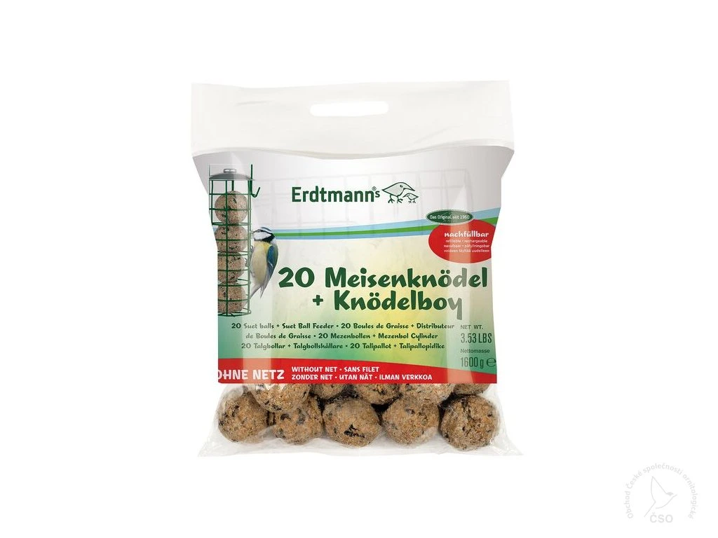 Erdtmanns 20 ks lojových koulí bez sítěk s kovovým krmítkem Knödelboy